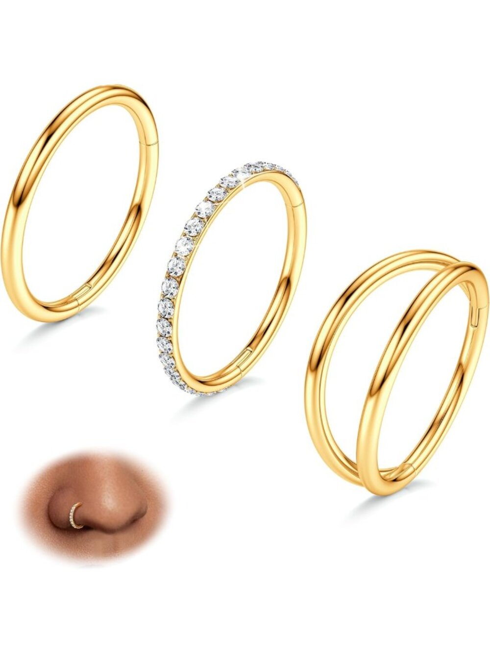 14K Gold Plated Stainless Steel Nose Rings & Septum Hoops - 3 Pack, CZ Double